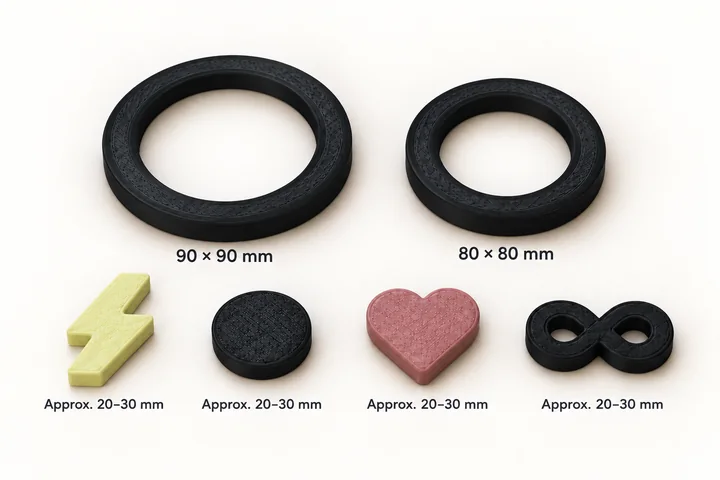 Two black rings and four symbols: yellow lightning, a black disc, a pink heart and black infinity