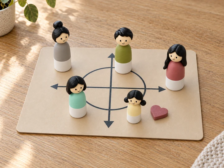 Five figures arranged at different distances on the relationship board, with a heart symbol