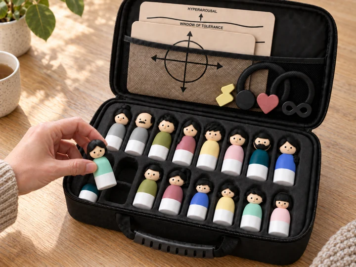 A hand choosing a figure from the fitted carrying case