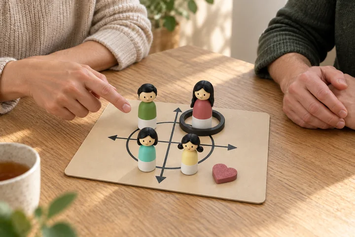 Two people discussing an arrangement of figures on a relationship board, with one person pointing to a figure
