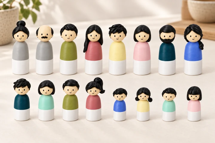 Sixteen figures across four generations, arranged together to show their varied forms and colours