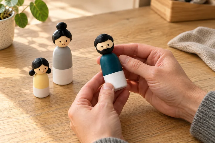 Hands holding a bearded teal figure, with two other figures on the table