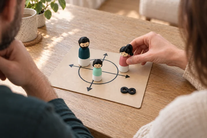 Two people exploring a relationship together, with a hand moving a figure on the board